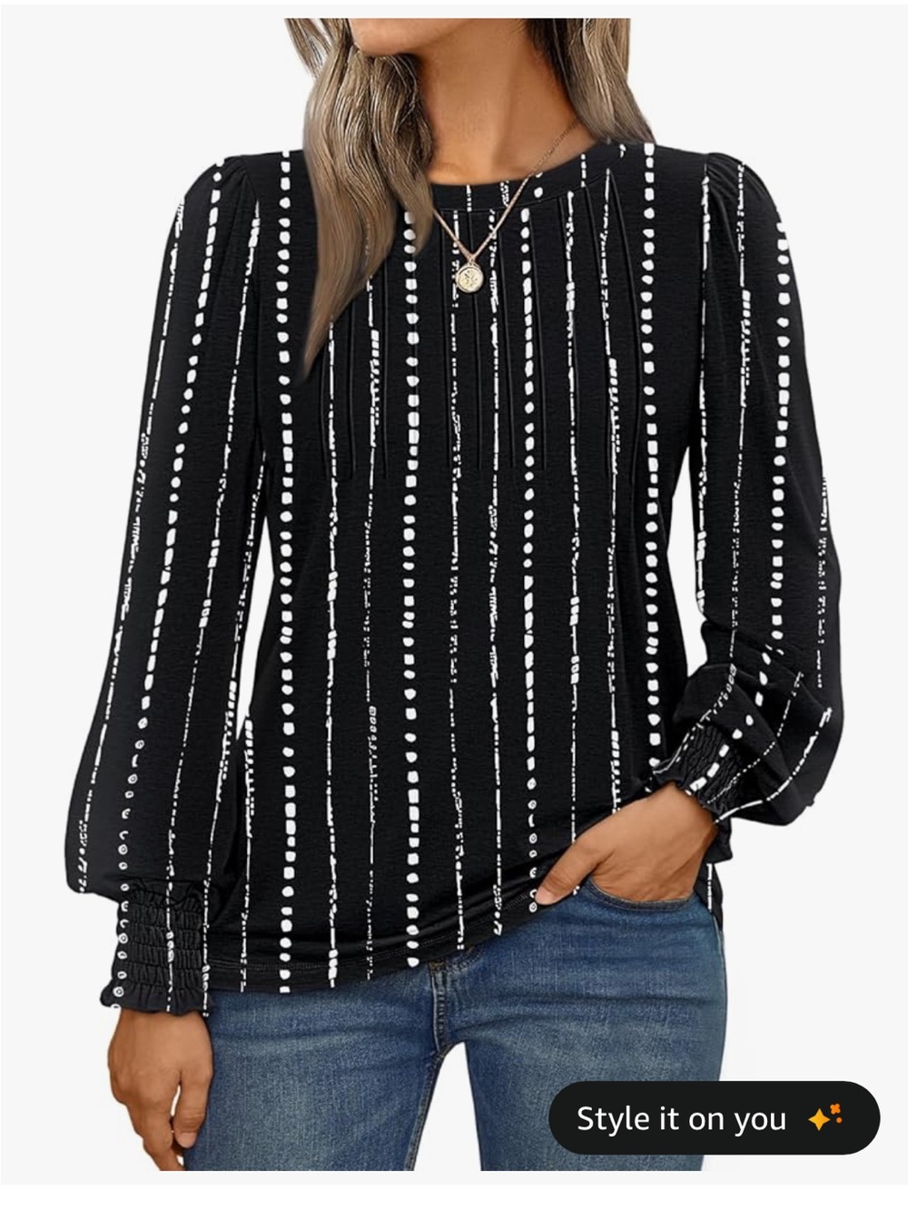 Black Vertical Dot-Stripe Long Sleeve Blouse